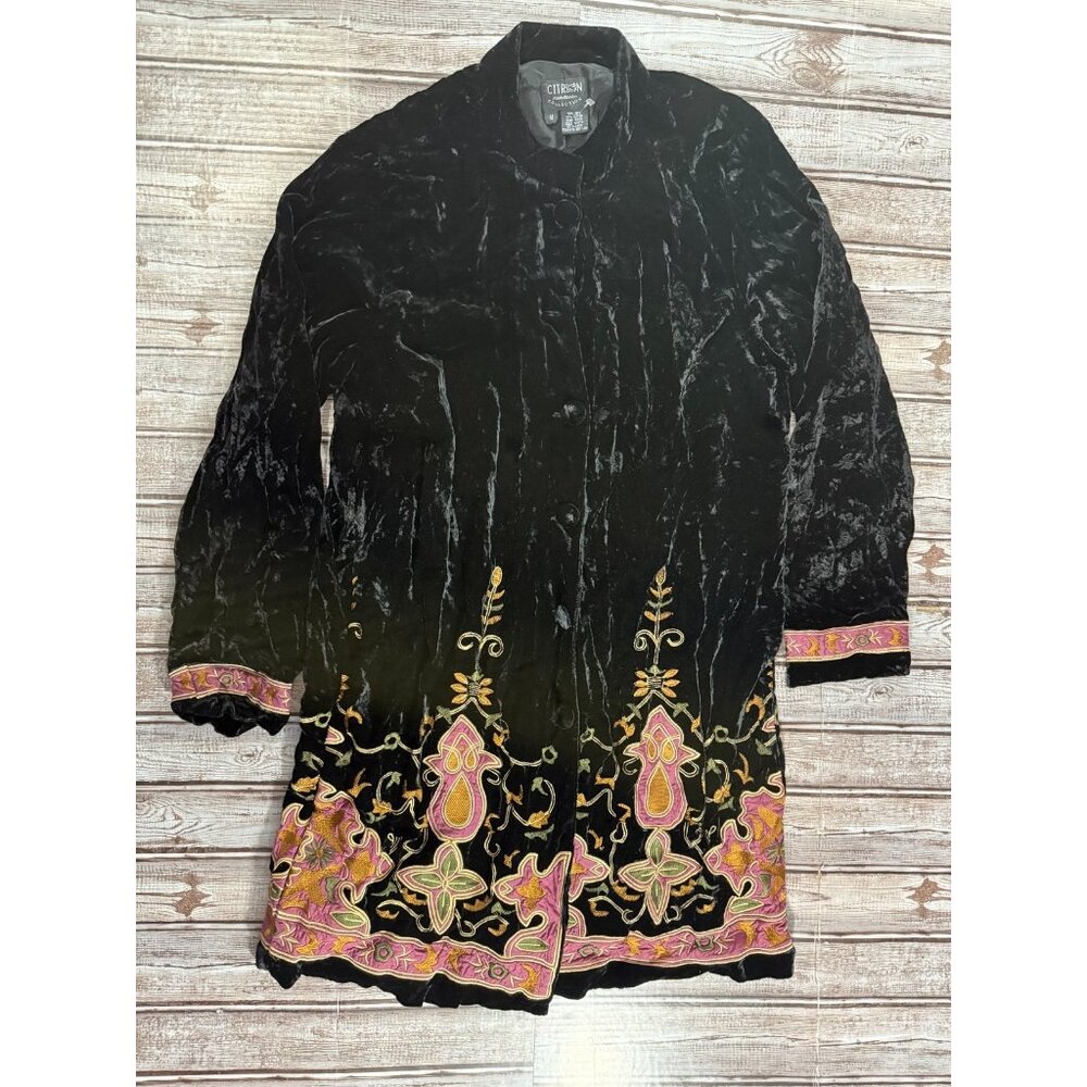 Citron Santa Monica Silk Rayon Velvet embroidered long Jacket sz M